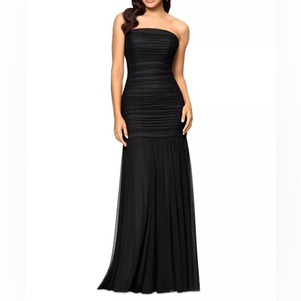 AQUA FORMAL Pleated Strapless Drop Waist Long Dress Black Women’s Sz 12
